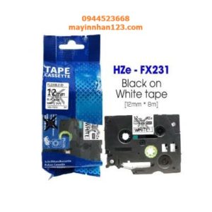 Nhãn in Siêu Dẻo HZe-FX231 | 12mm x 8m | Chữ Đen trên nền Trắng
