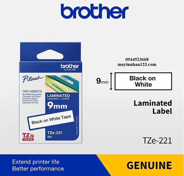 NHÃN IN TZE-221 CHỮ ĐEN NỀN TRẮNG 9MM X 8M NHÃN IN TZE-221 CHỮ ĐEN NỀN TRẮNG 9MM X 8M
