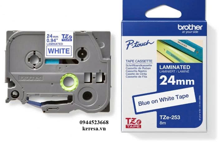 NHÃN IN TZE-253 CHỮ XANH DƯƠNG NỀN TRẮNG 24MM X 8M NHÃN IN TZE-253 CHỮ XANH DƯƠNG NỀN TRẮNG 24MM X 8M