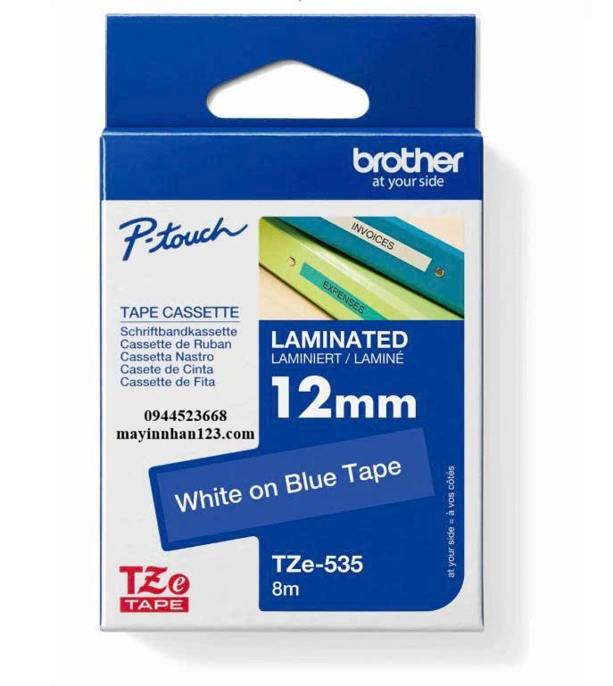 NHÃN IN TZE-535 CHỮ TRẮNG NỀN XANH DƯƠNG 12MM X 8M NHÃN IN TZE-535 CHỮ TRẮNG NỀN XANH DƯƠNG 12MM X 8M