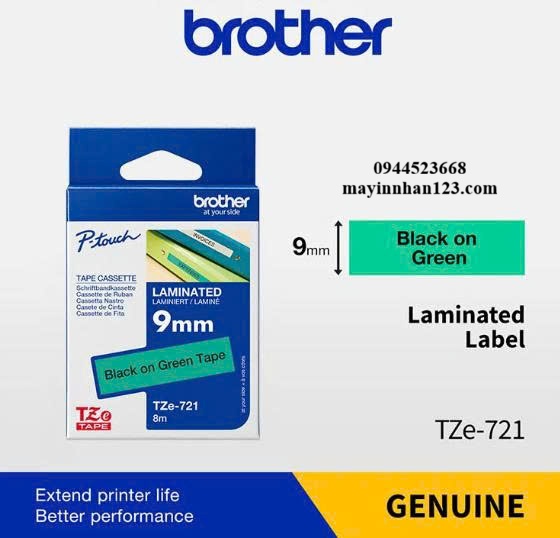 NHÃN IN TZE-721 CHỮ ĐEN NỀN XANH LÁ 9MM X 8M NHÃN IN TZE-721 CHỮ ĐEN NỀN XANH LÁ 9MM X 8M